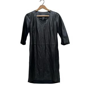 Raquel Allegra 1/2 Sleeve Crew Neck Leather Dress - Size S - Black